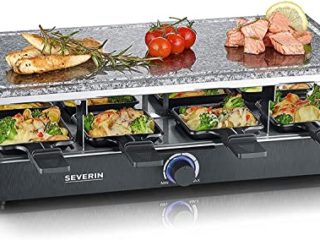 SEVERIN Raclette con piedra natural, parrilla reversible con superficie de piedra y 8 sartenes antiadherentes, parrilla eléctrica para 8 personas, máx. 1400 W, negro, RG 2372