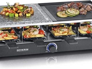 SEVERIN Raclette con piedra natural y placa de parrilla, grill con parrilla antiadherente y 8 sartenes, parrilla eléctrica para 8 personas, máx. 1400 W, negro, RG 2371