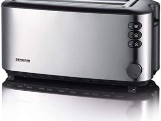 SEVERIN Tostadora automática, tostador largo con soporte para panecillos, tostadora doble, 1400 W de potencia, acero inoxidable cepillado y negro, AT 2509