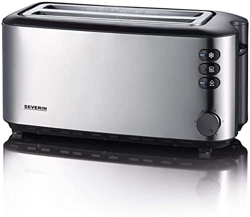 SEVERIN Tostadora automática, tostador largo con soporte para panecillos, tostadora doble, 1400 W de potencia, acero inoxidable cepillado y negro, AT 2509