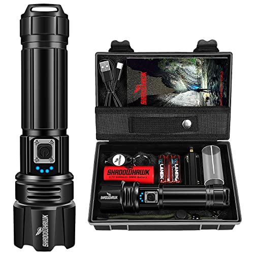 Shadowhawk Linternas LED Alta Potencia 10000 Lúmenes, Linterna LED Recargable USB Táctica Militar Potente, XHP70.2 Linterna a Pilas, IPX67 Impermeable 5 Modos Portátil Linternas(con 5000 mAh)