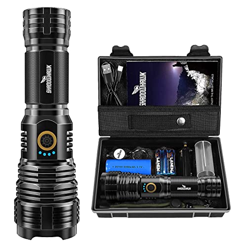 Shadowhawk Linternas LED Alta Potencia Recargable, Linterna Potente 10000 Lúmenes XHP70.2, Linterna Táctica Militar IP67 Impermeable, para Emergencia Camping Senderismo Regalo (con batería de 6000mAh)