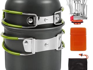 Shayson - Estufa de Camping + Sartén, Portátil para Mochileros al Aire Libre, Utensilios de cocina, senderismo, estufa de Cocina, Quemador de Butano y Propano para Recipiente de Gas con Encendido Piezoeléctrico