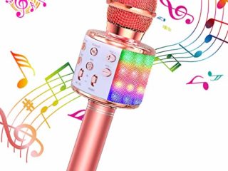 ShinePick Micrófono Karaoke Bluetooth, 4 en1 Microfono Inalámbrico Karaoke Portátil con Luces LED para Niños Canta Partido Musica, Compatible con Android/iOS PC, AUX o Teléfono Inteligente (Oro rosa)