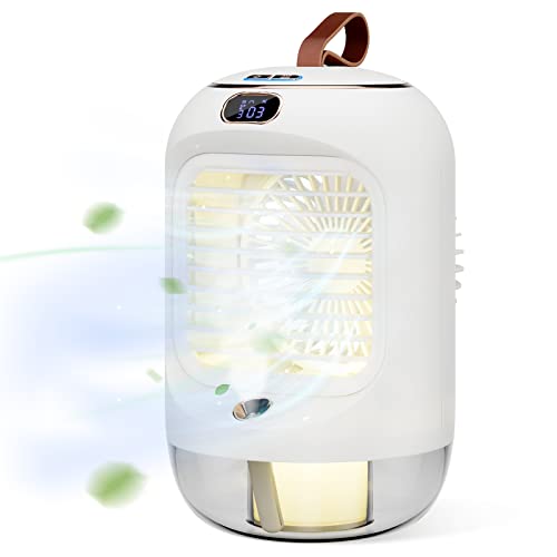 SHYOSUCCE Aire Acondicionado Portátil 4 en 1, Mini Enfriador de Aire con 3 Velocidades, Luz Nocturna, Oscilante a 180°, Humidificador Recargable para Dormitorio, Oficina, Camping
