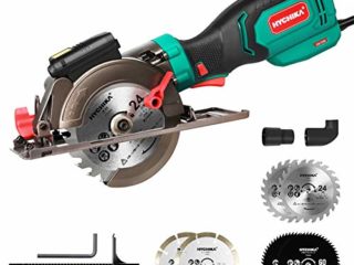 Sierra Circular 750W, HYCHIKA Mini Sierra Circular con Motor de Cobre Puro, Guía Láser, 6 Cuchillas, 3500RPM, Corte: 48mm/90º, 32mm/45º, Extrator de Polvo, Sierra para Azulejo, Madera, Metal Blando
