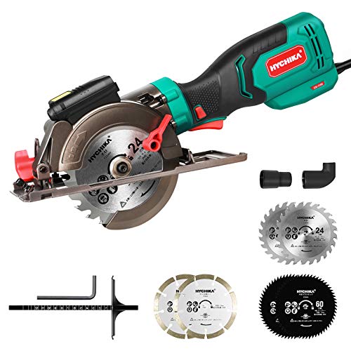 Sierra Circular 750W, HYCHIKA Mini Sierra Circular con Motor de Cobre Puro, Guía Láser, 6 Cuchillas, 3500RPM, Corte: 48mm/90º, 32mm/45º, Extrator de Polvo, Sierra para Azulejo, Madera, Metal Blando
