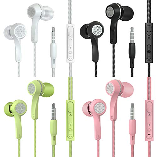 SIKAMARU - Auriculares para los oídos, estéreo, graves potentes, con mando a distancia y micrófono, para ordenadores portátiles y juegos, aislamiento de ruido, sin enredos de cables, 4 pares