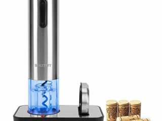 SIKITUT Sacacorchos Eléctrico, Abridor Botellas de Vino Inalámbrico,Automatico Abrelatas de Vino con Indicador LED de Batería y Base de Carga USB y Cortador de Papel,Acero Inoxidable