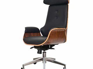 Silla de escritorio Mid Century para oficina en el hogar, silla giratoria ajustable moderna para computadora con reposacabezas, silla ejecutiva con respaldo alto con ruedas, madera curvada y cuero PU