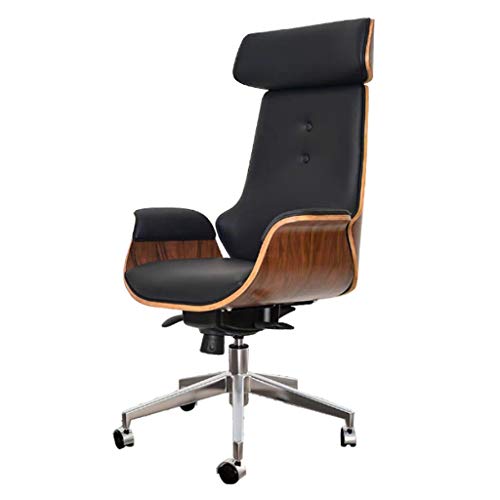 Silla de escritorio Mid Century para oficina en el hogar, silla giratoria ajustable moderna para computadora con reposacabezas, silla ejecutiva con respaldo alto con ruedas, madera curvada y cuero PU