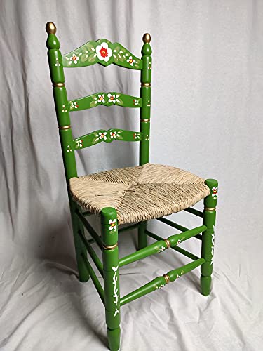 Silla Decorada Estilo Sevillano. Asiento Tejido a Mano con Enea Natural. Ancho: 45cm / Fondo: 40cm Altura Asiento: 45cm / Altura Respaldo: 96cm