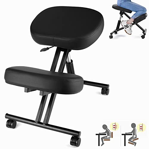 Silla Ergonómica de Rodillas, Taburete de Rodilla para Casa y Oficina, Asiento en ángulo para Mejorar la Postura, Ajustable Altura, 3" Cojines Gruesos, Marco de Metal, Piel Sintética, Negro