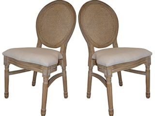 Silla Medallón Estilo Luis XVI de Madera de Abedul Macizo Envejecido. Contiene Dos Unidades de sillas. Respaldo de Rejilla de ratán Natural. Asiento Acolchado de Lino Beige. Apilable.