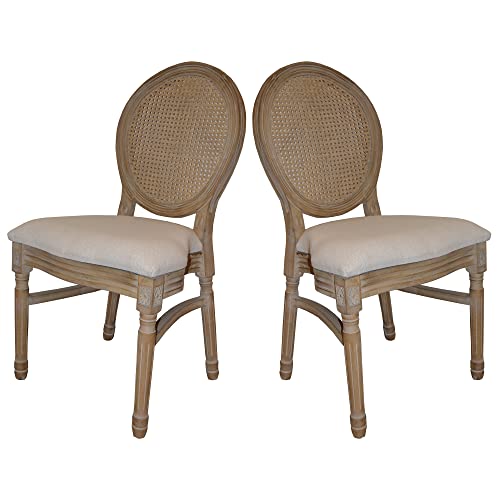 Silla Medallón Estilo Luis XVI de Madera de Abedul Macizo Envejecido. Contiene Dos Unidades de sillas. Respaldo de Rejilla de ratán Natural. Asiento Acolchado de Lino Beige. Apilable.