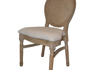 Silla Medallón Luis XVI de Madera de Abedul Envejecido. Silla con Respaldo de Rejilla de ratán Natural de Estilo francés. Asiento Acolchado de Lino Beige.