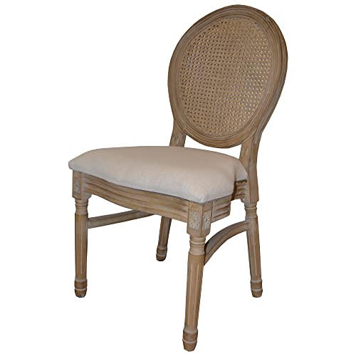 Silla Medallón Luis XVI de Madera de Abedul Envejecido. Silla con Respaldo de Rejilla de ratán Natural de Estilo francés. Asiento Acolchado de Lino Beige.