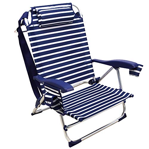 Silla Playera, 5 Posiciones, Silla Plegable para Playa, Jadín, Camping, Rayas Azul Oscuro y Blanco