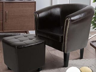 Sillón Chesterfield con Reposapiés | Tapizado en Cuero Artificial con Patas de Madera, Color a Elegir | Butaca de Piel Sintética para Dormitorio y Salón, Sofá Chester 1 Plaza (Marrón)