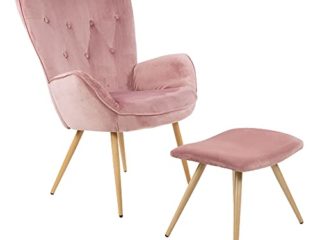 Sillón de Orejas Albatros con Taburete York, Rosa, Funda de Terciopelo, cómodamente tapizado, butaca para TV, sillón tapizado