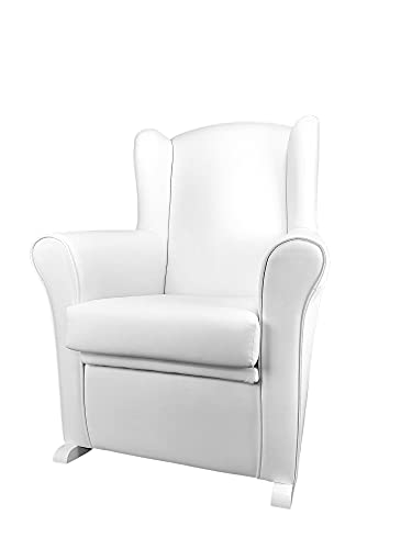 Sillon lactancia con arcon Nerea, orejero mecedora baúl en Polipiel, para Salón o Habitación del Bebe. (blanco, balancín blanco)