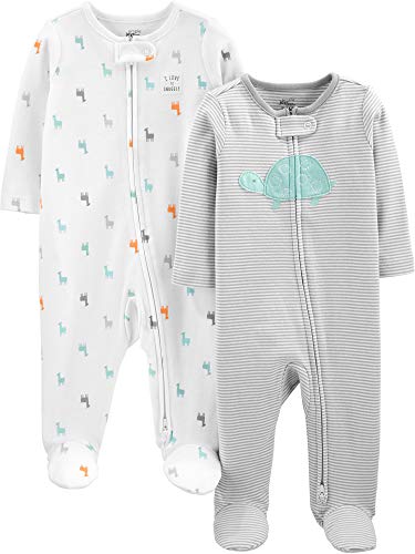 Simple Joys by Carter's Neutral 2-Pack Cotton Footed Sleep and Play Bebés y niños pequeños, Gris/Blanco, Tortuga/Llama, Prematuro, Pack de 2