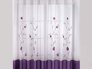 SIMPVALE 2 Piezas Cortinas Visillos Bordado Floral Translucida de Dormitorio Moderno Ventana Cortina Paneles con Ojales para Balcon, Salón, Habitación y Cámara, 140x245cm, Púrpura