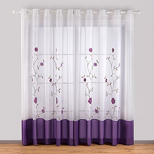SIMPVALE 2 Piezas Cortinas Visillos Bordado Floral Translucida de Dormitorio Moderno Ventana Cortina Paneles con Ojales para Balcon, Salón, Habitación y Cámara, 140x245cm, Púrpura