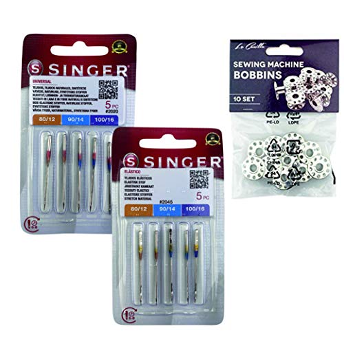 Singer Pack de 2 Paquetes de Agujas Universales para coser Algodón y Tejidos de punto, elásticos y lycra 2020, y 2045 Sistema 130/705 H (Plano de un Lado) HAx1 y H-S + Canillas Metálicas