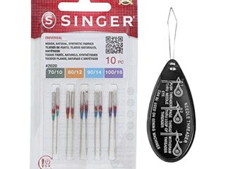 Singer Universal 2020 - Agujas para máquina de coser, paquete de 10 unidades, varios tamaños 70/10, 80/12, 90/14 y 100/16, incluye enhebrador de agujas grandes