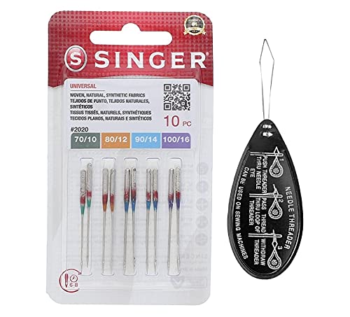 Singer Universal 2020 - Agujas para máquina de coser, paquete de 10 unidades, varios tamaños 70/10, 80/12, 90/14 y 100/16, incluye enhebrador de agujas grandes