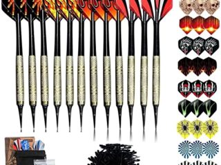 Sinwind 12 Dardos Punta Plastico para Diana Electrónica, Dardos Diana Electronica de Profesionales + 42 Plumas de 14 Patrones + 100 Puntas (16 Gramos)