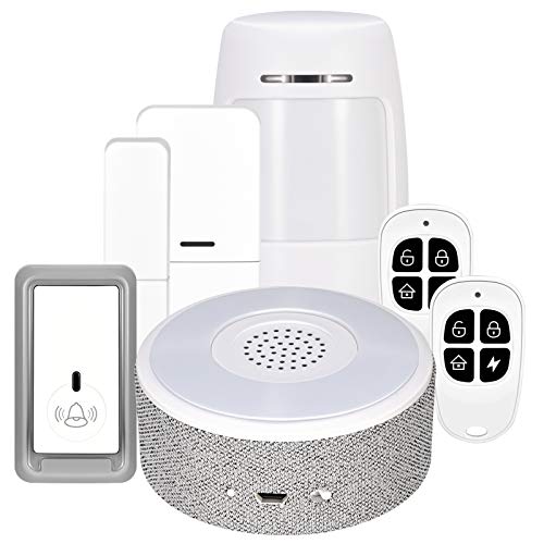 Sistema de Alarma Inalámbrico Para el Hogar, Vogvigo Sistema de Alarma con 1 Sirena,1 PIR,2 Controles Remotos,1 Sensor de Puerta de Ventana y 1 Timbre, Alarma de Aplicación a Través de la Red Móvil