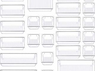 SIUNDAM Juego de Organizadores de Cajón, Cajas Bandejas de Plástico Transparente Apilables Almacenamiento para Cajones, Escritorio, Cocina, Baño, Maquillaje, Armario - 5 Medidas Estrechos (24 PCS)