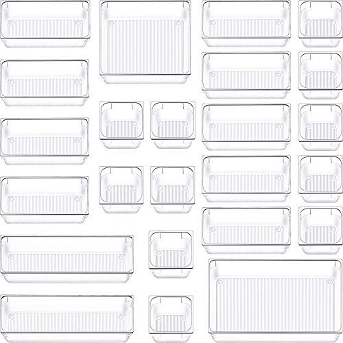 SIUNDAM Juego de Organizadores de Cajón, Cajas Bandejas de Plástico Transparente Apilables Almacenamiento para Cajones, Escritorio, Cocina, Baño, Maquillaje, Armario - 5 Medidas Estrechos (24 PCS)