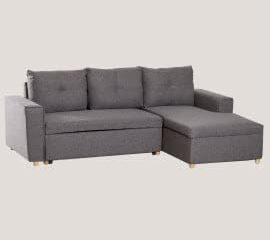 SKLUM Sofá Cama Chaise Longue 3 Plazas en Tela Calvin Fibra Gris Oscuro