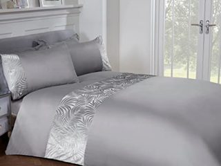 Sleepdown Juego edredón y Fundas de Almohada de Terciopelo con diseño de Hojas Florales, Color Gris Plateado, Suave, de fácil Cuidado, tamaño Super King (220 x 260 cm), Poliéster, Matrimonio Grande