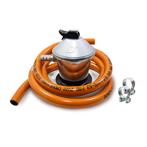 S&M 321771 Regulador de gas butano+ Tubo Goma 1,5 m + 2 abrazaderas, Gris/Naranja