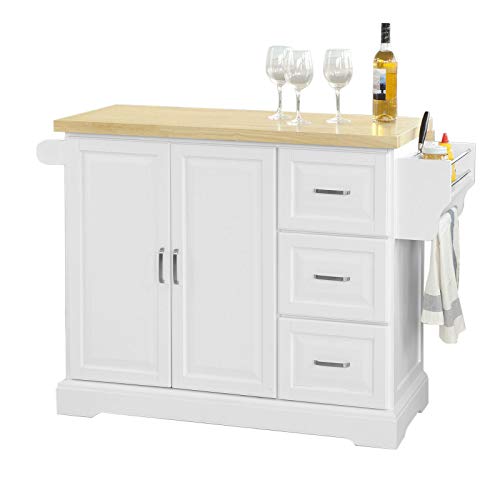 SoBuy Carrito de Cocina, Estantería de Cocina, Aparador con Ruedas, H91cm x L106cm x P46,Blanco,FKW41-WN,ES(Madera de Caucho)