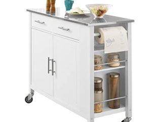 SoBuy FKW108-W Carrito de Cocina con Piso de Acero Inoxidable Mueble de almacenaje con Ruedas Buffet Multifuncional con Estante Lateral, Puertas y cajones 107x46x94 cm ES (107 x 94 x 46 cm-Blanco)