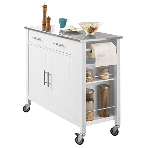 SoBuy FKW108-W Carrito de Cocina con Piso de Acero Inoxidable Mueble de almacenaje con Ruedas Buffet Multifuncional con Estante Lateral, Puertas y cajones 107x46x94 cm ES (107 x 94 x 46 cm-Blanco)