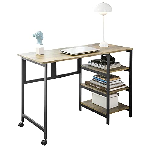 SoBuy FWT85-F Mesa de Oficina Plegable para computadora con Estante de 3 Niveles, Mesa de Estudio con Ruedas, encimera Plegable Grande, Estructura de Metal, Estilo Industrial, L110xF50xH75 cm ES