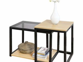 SoBuy Juego de 2 Mesas Auxiliares Anidadas de Madera y Metal, Mesa Auxiliares de Salón, FBT35-SCH, ES