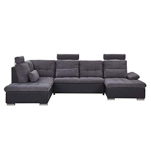 Sofá cama esquinero tapizado en tela gris en forma de U reposacabezas ajustable almacenamiento cojines gruesos