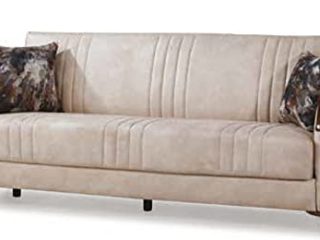 Sofá cama Liza clásico de tres plazas clic clac con contenedor de almacenamiento, microfibra beige, ideal para hall hoteles y zonas de salón.