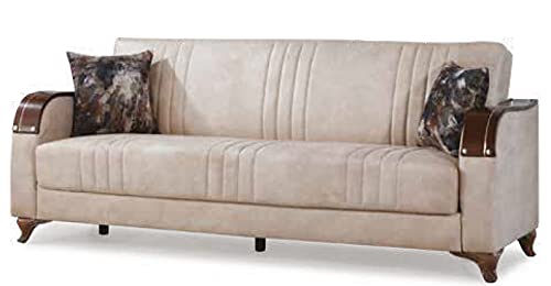 Sofá cama Liza clásico de tres plazas clic clac con contenedor de almacenamiento, microfibra beige, ideal para hall hoteles y zonas de salón.