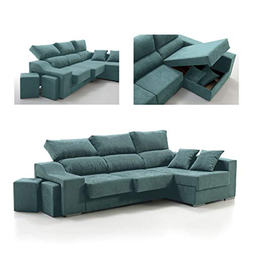 Sofá Chaise Longue 4 Plazas Turquesa Sultan Derecha Tanuk 260x150 Asientos Extensibles Arcón y 2 Puffs Desenfundable Sistema de Limpieza ACUALINE (Envío y Subida a Domicilio Incluidos)