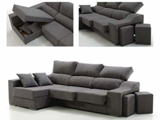 Sofá Chaise Longue Loki Izquierda 4 Plazas Gris Marengo Sistema de Limpieza ACUALINE Arcón 2 Puffs Asientos Extensibles Tejido Desenfundable (Envío y Subida a Domicilio Incluidos)