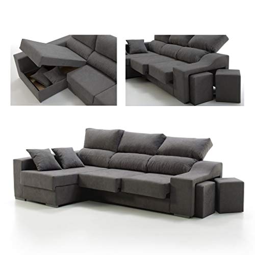 Sofá Chaise Longue Loki Izquierda 4 Plazas Gris Marengo Sistema de Limpieza ACUALINE Arcón 2 Puffs Asientos Extensibles Tejido Desenfundable (Envío y Subida a Domicilio Incluidos)
