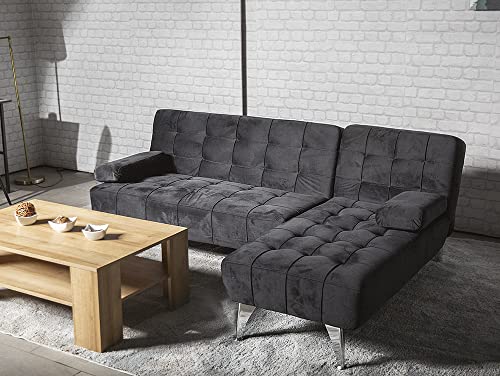 Sofa-Cama Chaise Longue Reversible, sin Anclaje aroa XS, Negro Aterciopelado, 3 plazas, 198x150 cm